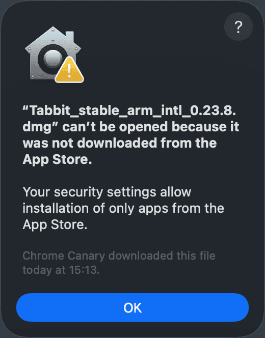 macOS security dialog preventing the app from opening